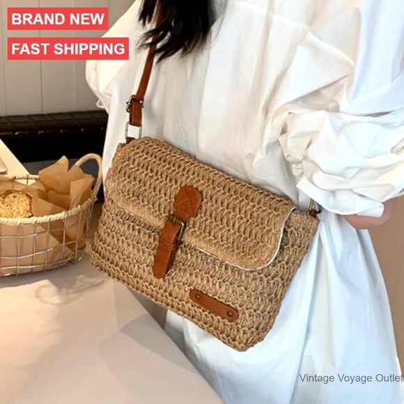 Straw Crossbody Bag Summer Beach Purse Envelope Style Casual - Picture 2 of 5